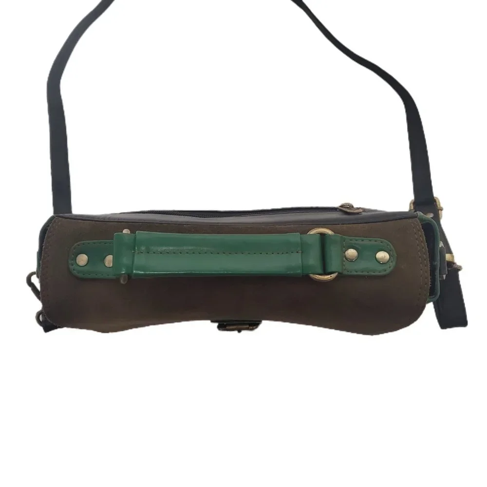 AuGre France Crossbody Bag Green & Black Leather Top Handle 2 Section Satchel - Picture 4 of 14